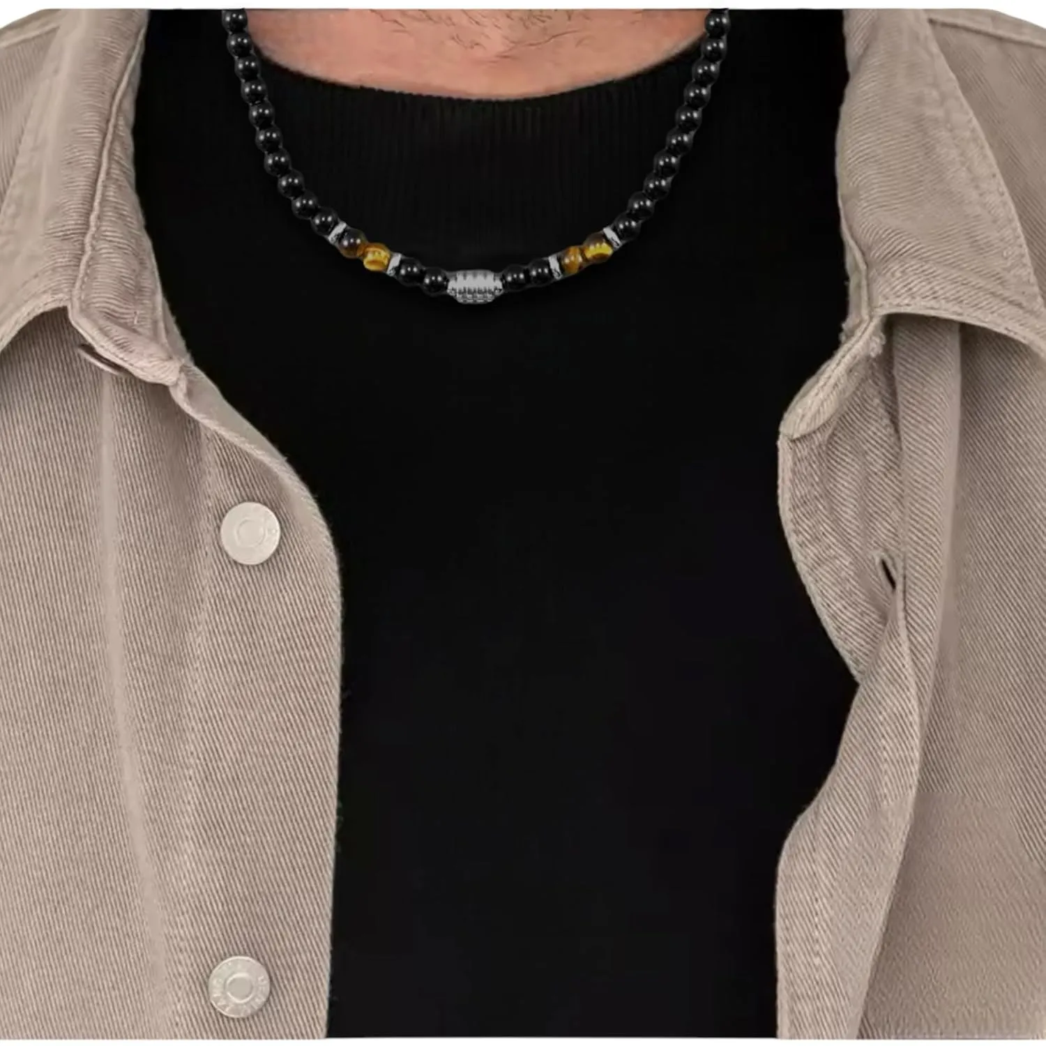 Black Bead Choker and Necklace for men, Tiger eye stone beads. Natural Stone Bead Necklaces for Men, Teenagers, Men necklace BALOOLA HANDCRAFTED jewelry. (Beads and stainless steel charms)