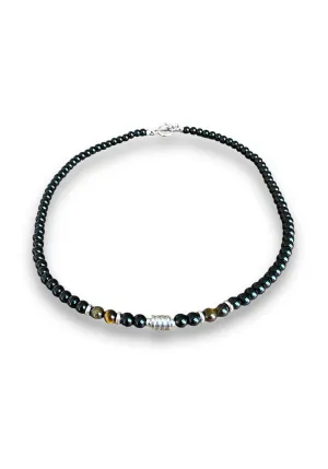 Black Bead Choker and Necklace for men, Tiger eye stone beads. Natural Stone Bead Necklaces for Men, Teenagers, Men necklace BALOOLA HANDCRAFTED jewelry. (Beads and stainless steel charms)