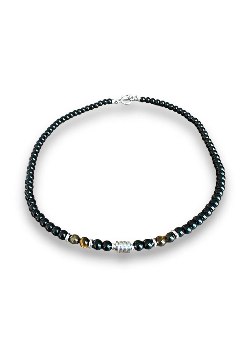 Black Bead Choker and Necklace for men, Tiger eye stone beads. Natural Stone Bead Necklaces for Men, Teenagers, Men necklace BALOOLA HANDCRAFTED jewelry. (Beads and stainless steel charms)