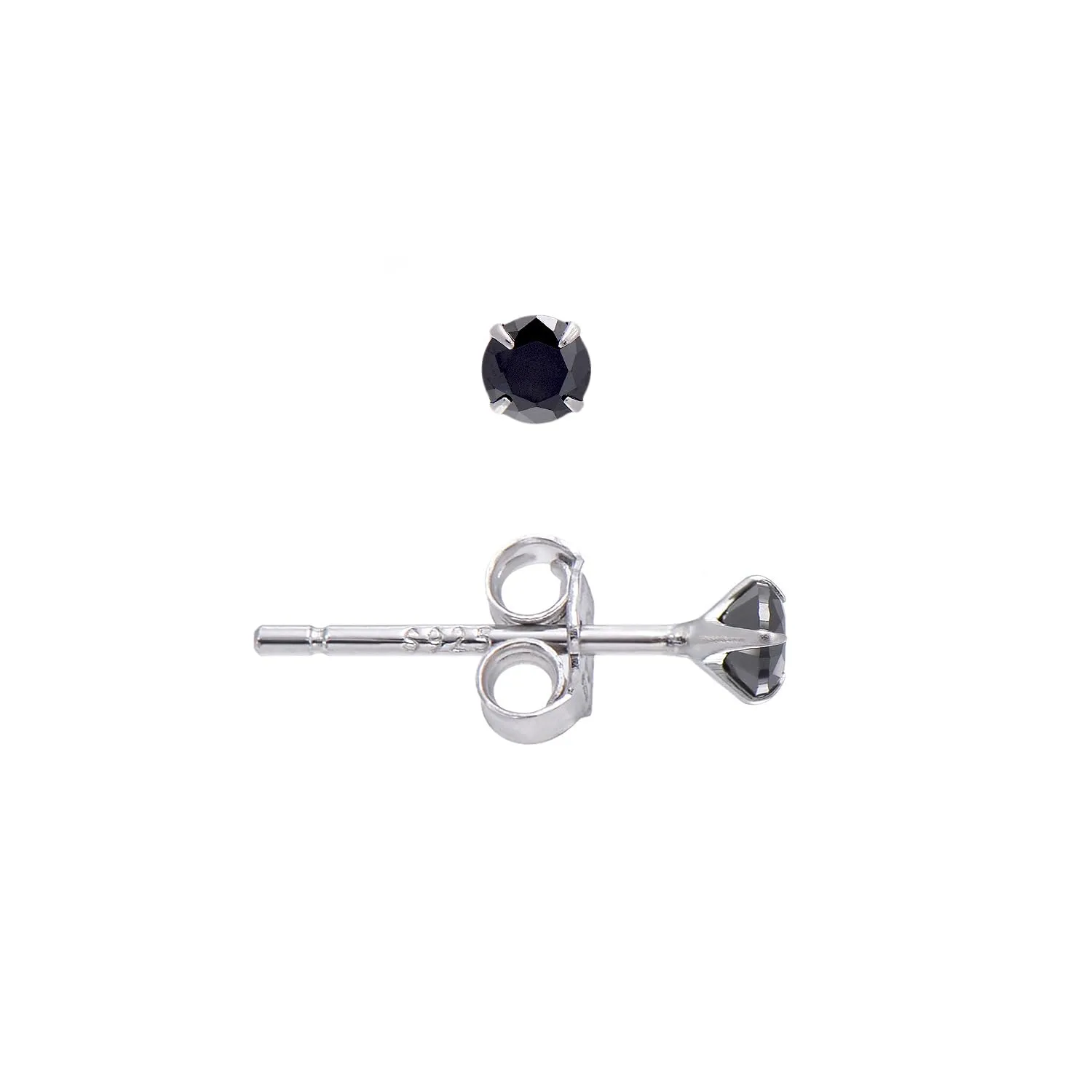 Black Cubic Zirconia Studs Sterling Silver Earrings for Women Man, 3 mm
