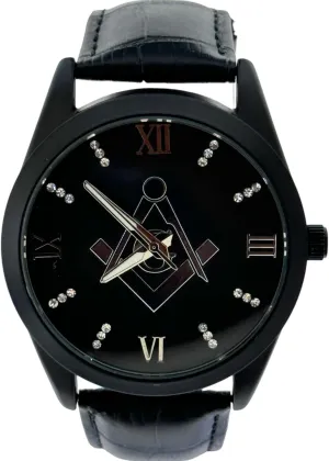 Black Masonic Watch with Roman Numerals, Black Leather Strap W-2669