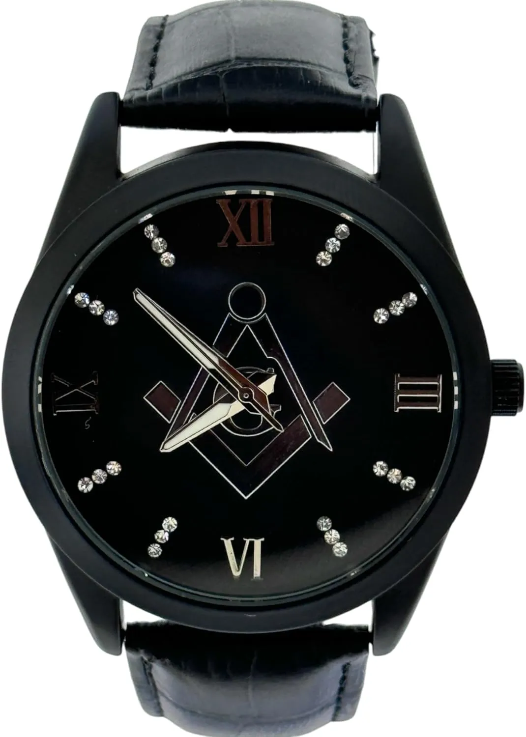 Black Masonic Watch with Roman Numerals, Black Leather Strap W-2669