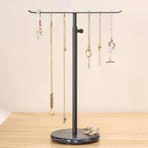 Black Necklace Holder Jewelry Organizer Stand  Adjustable Height TBar Jewelry Display with Dark Gray Marble Base, Necklace & Bracelet Holder, Countertop Jewelry Rack