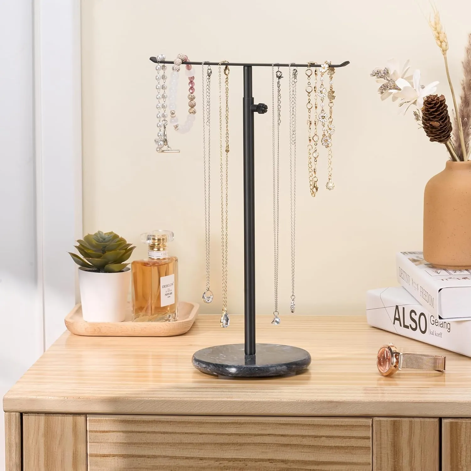 Black Necklace Holder Jewelry Organizer Stand  Adjustable Height TBar Jewelry Display with Dark Gray Marble Base, Necklace & Bracelet Holder, Countertop Jewelry Rack
