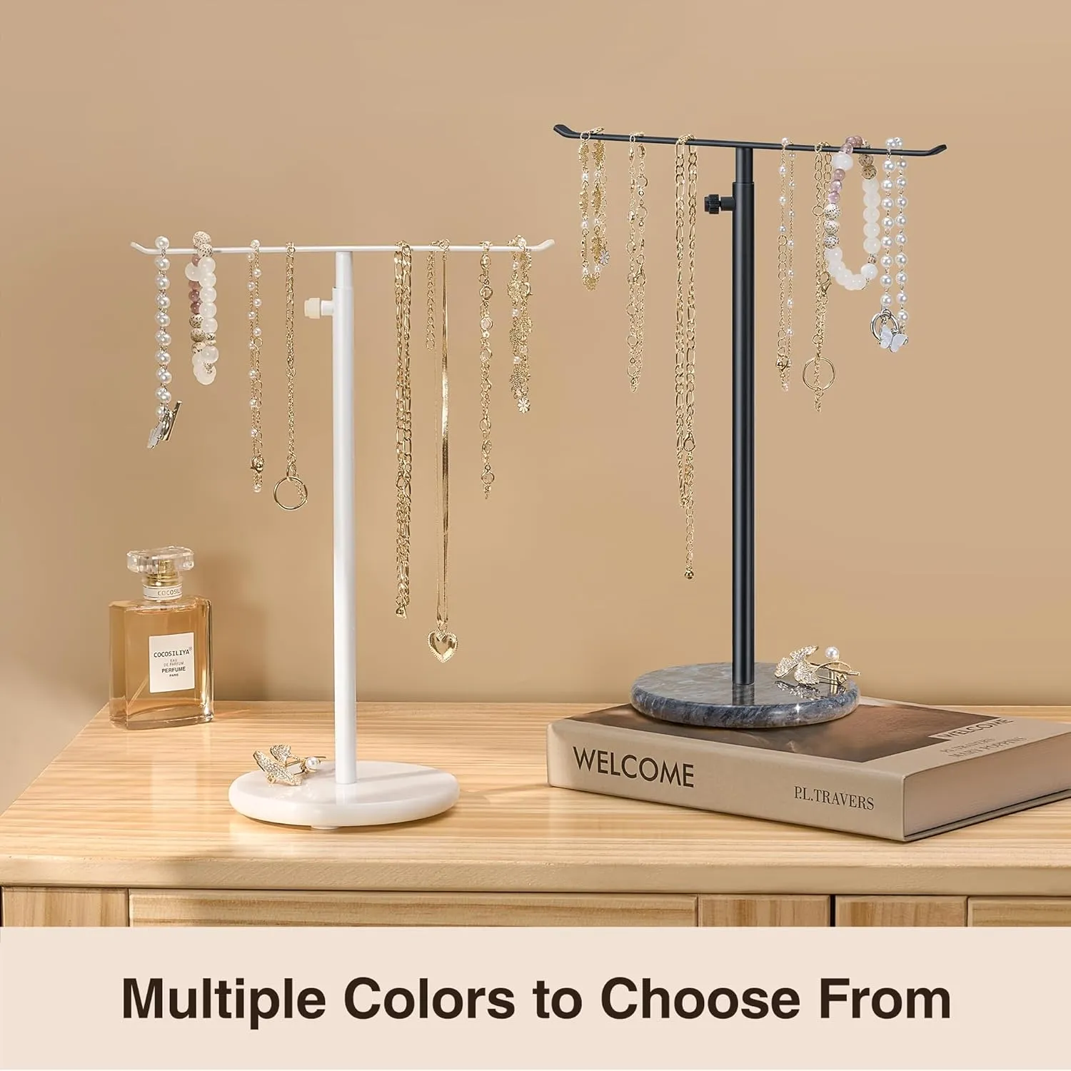Black Necklace Holder Jewelry Organizer Stand  Adjustable Height TBar Jewelry Display with Dark Gray Marble Base, Necklace & Bracelet Holder, Countertop Jewelry Rack