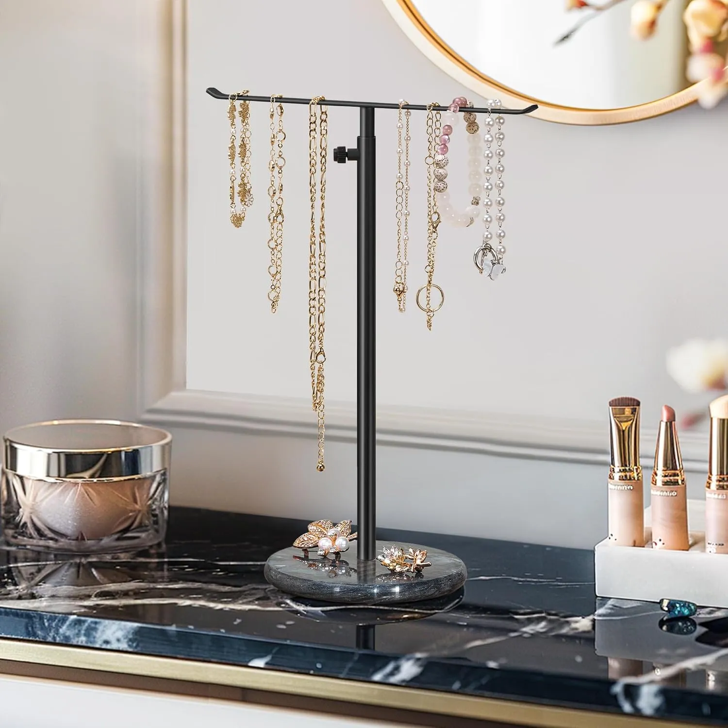 Black Necklace Holder Jewelry Organizer Stand  Adjustable Height TBar Jewelry Display with Dark Gray Marble Base, Necklace & Bracelet Holder, Countertop Jewelry Rack