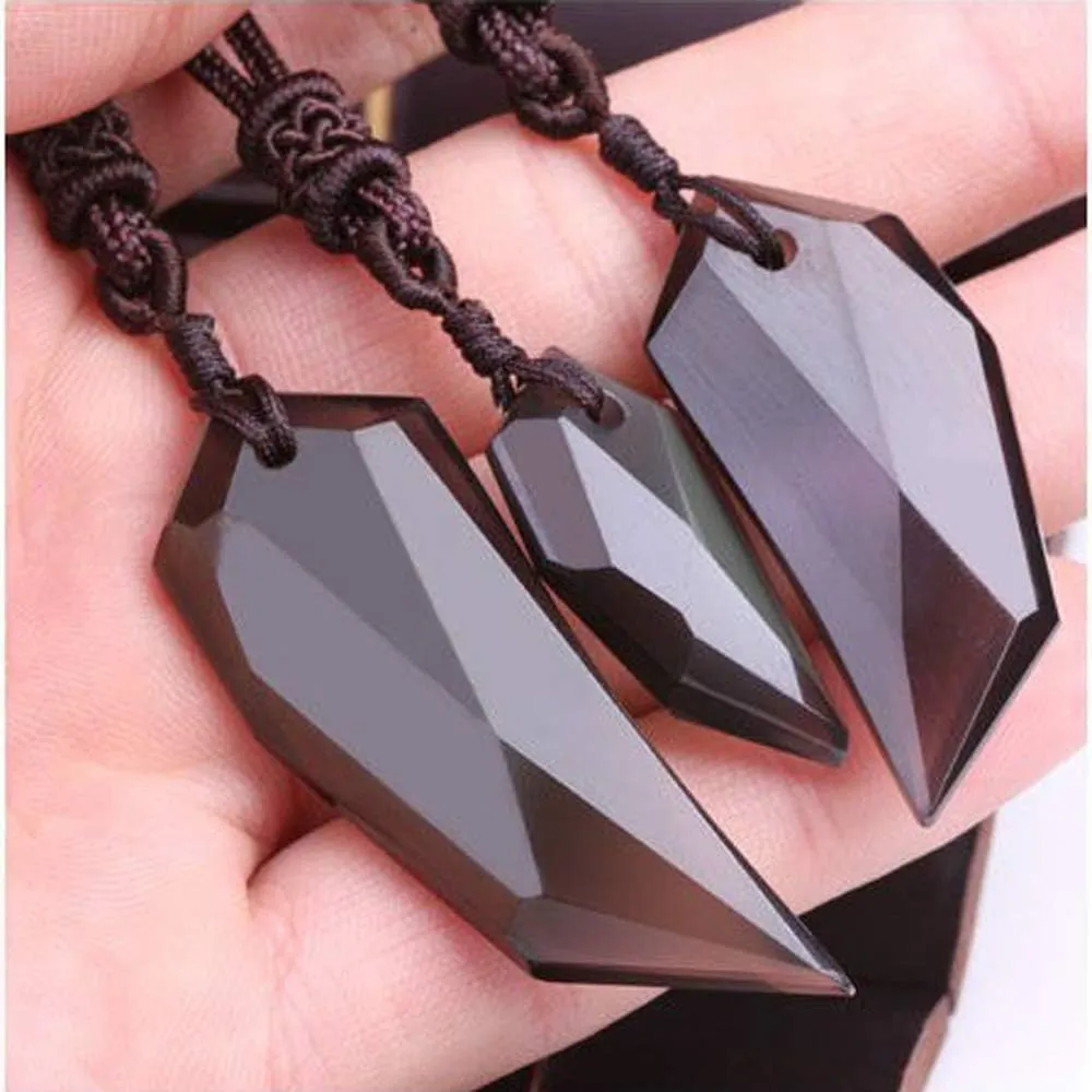 Black Obsidian Hexagram Natural Stone Necklace Translucent Ice Obsidian Wolf Tooth Amulet His and Hers Couples Necklace Lucky Love Pendant Necklace for Men Women