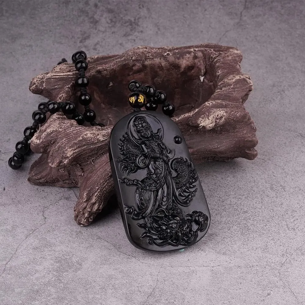Black Obsidian Necklace Natural Crystal Amulet Protection Pendant with Adjustable Rope Lucky Talisman Necklaces Jewelry Gift for Men Women
