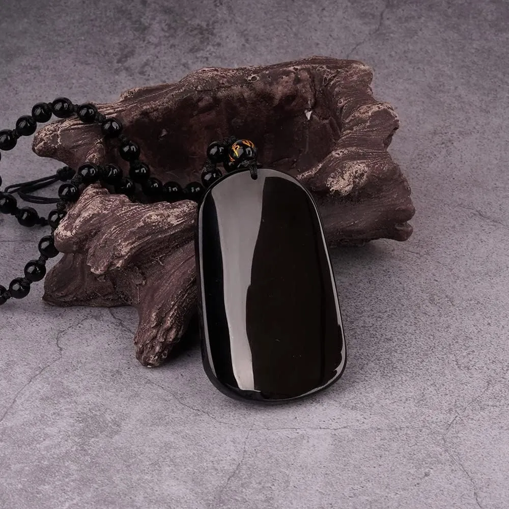 Black Obsidian Necklace Natural Crystal Amulet Protection Pendant with Adjustable Rope Lucky Talisman Necklaces Jewelry Gift for Men Women