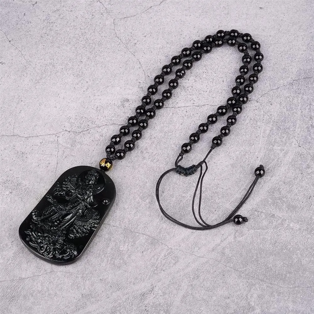 Black Obsidian Necklace Natural Crystal Amulet Protection Pendant with Adjustable Rope Lucky Talisman Necklaces Jewelry Gift for Men Women