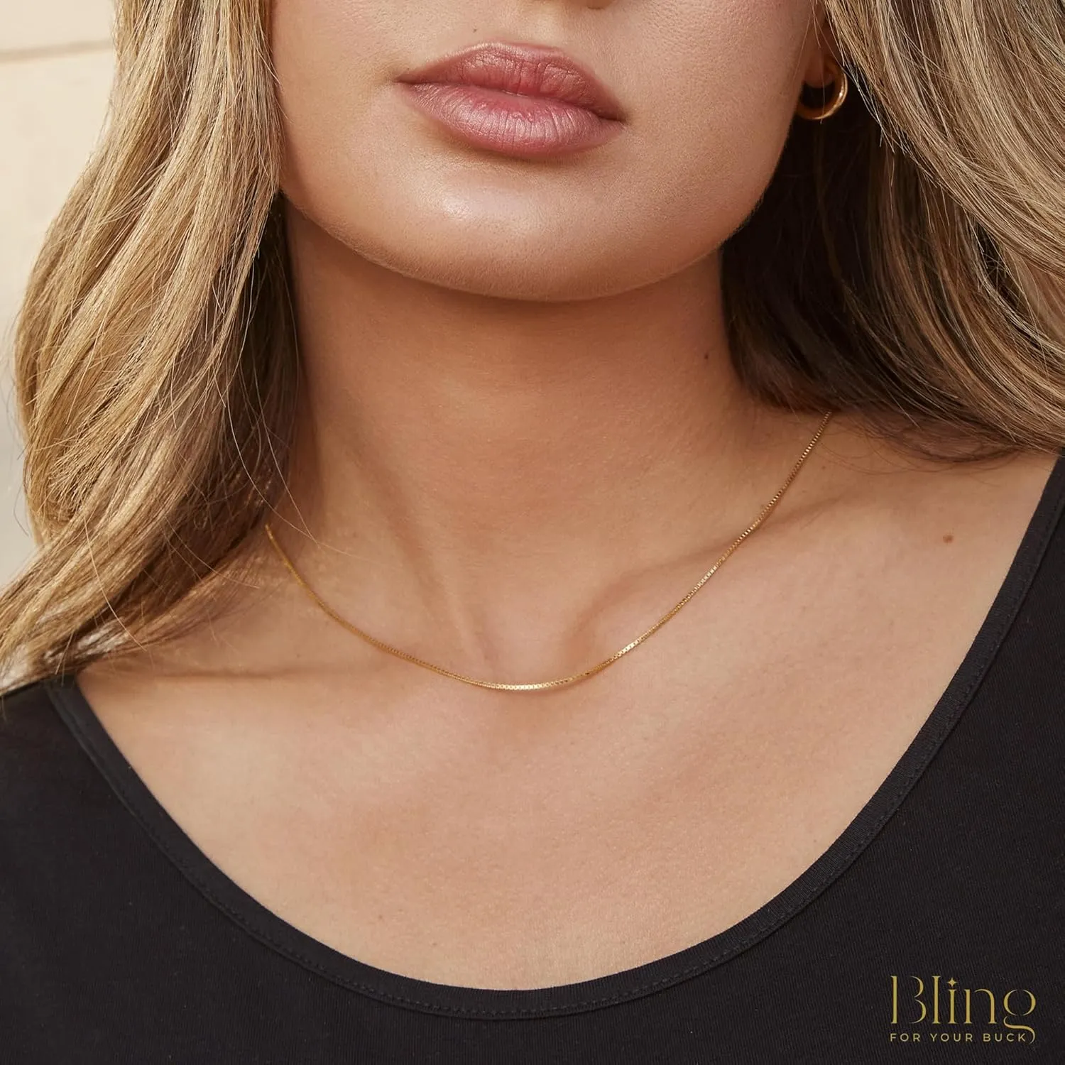 Bling For Your Buck 18K Gold over Sterling Silver .8mm Thin Italian Box Chain Necklace for Women and Men, Sizes 14" - 40"