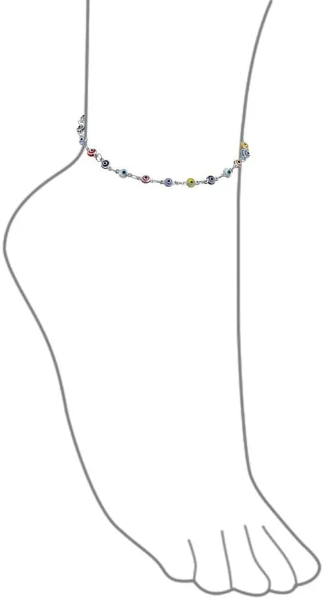 Bling Jewelry Protection Amulet Turkish Multi Color Navy Blue Charm Slender Evil Eyes Anklet Link Ankle Bracelet For Women Teen 14K Yellow Rose Gold Plated .925 Sterling Silver 9 10 Inch
