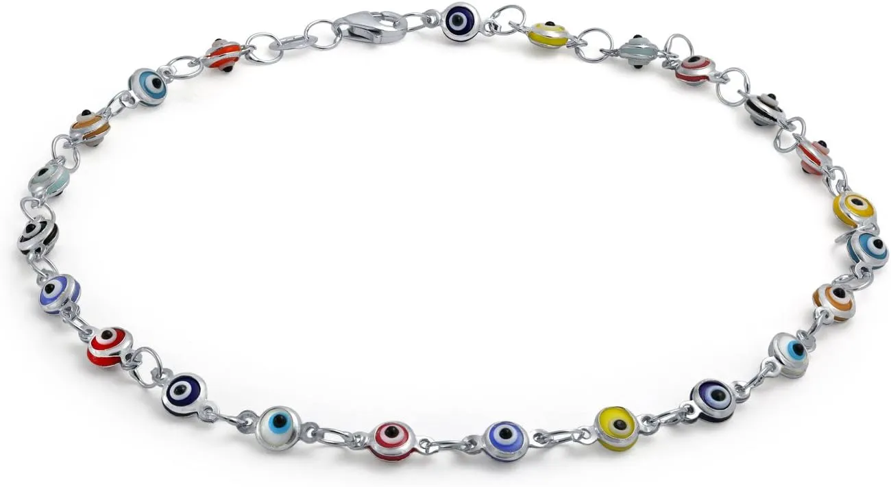 Bling Jewelry Protection Amulet Turkish Multi Color Navy Blue Charm Slender Evil Eyes Anklet Link Ankle Bracelet For Women Teen 14K Yellow Rose Gold Plated .925 Sterling Silver 9 10 Inch