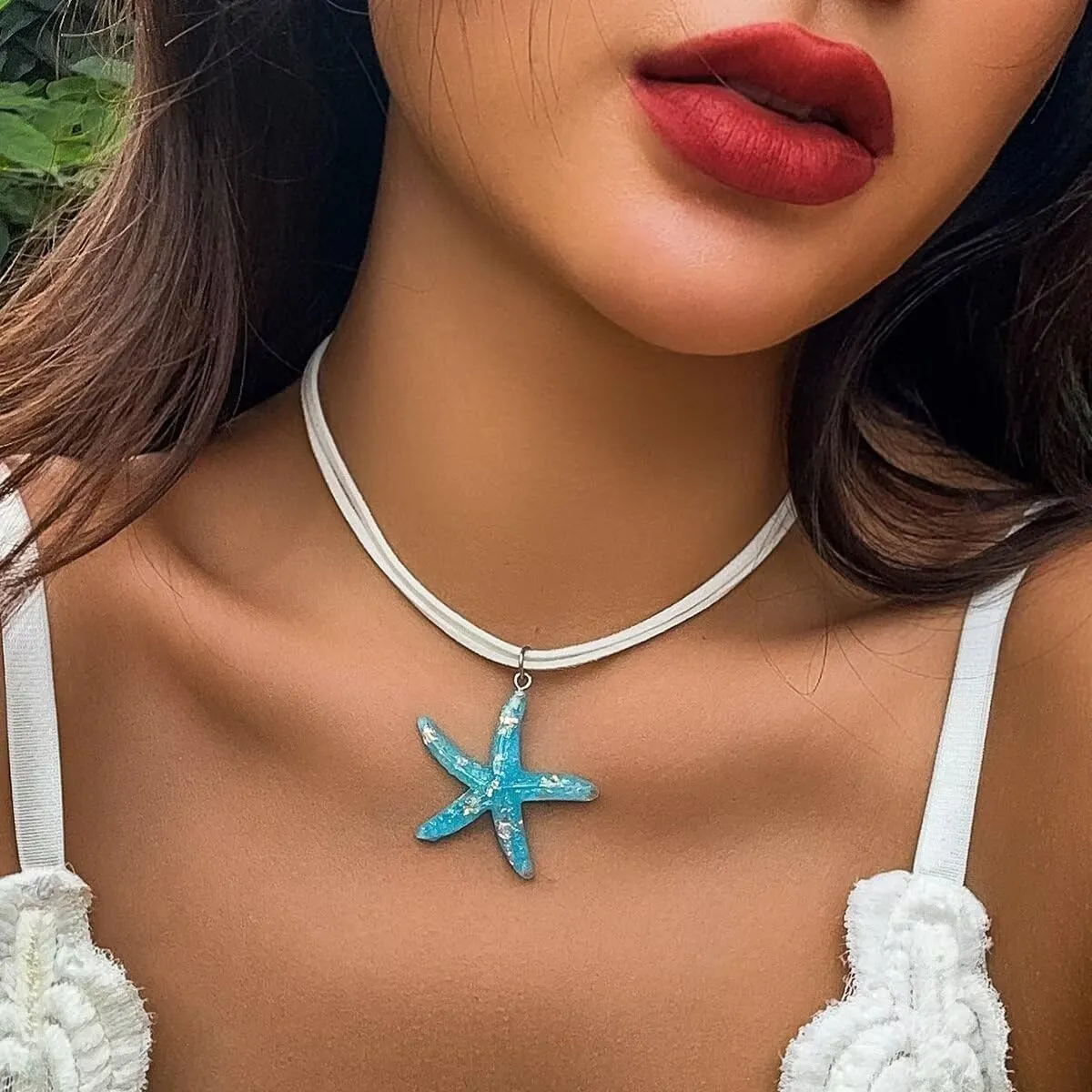 Blue Drop Starfish Necklace For Women Boho Layered Starfish Pendant Choker White Velvet Necklace Summer Beach Necklaces Jewelry Gifts