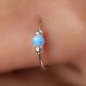 Blue Opal 925 Sterling Silver Nose Ring - Thin 24G Hoop 2mm Blue Opal - Tiny Handmade Nose Piercing - Hypoallergenic Body Jewelry - Elegant Design Comes In Gift Packaging