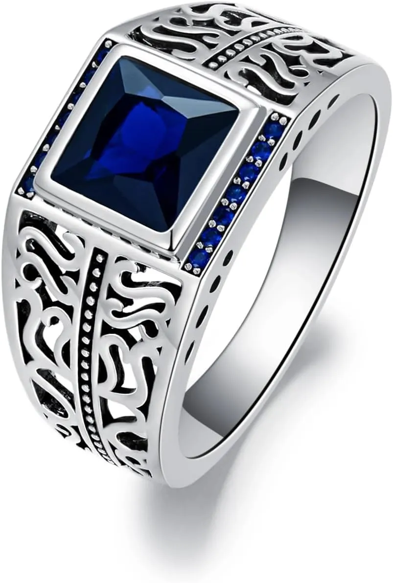 Blue Sapphire Ring for Men S925 Sterling Silver Cool Turkish Handmade Ring for Mens Luxury Jewelry Gift