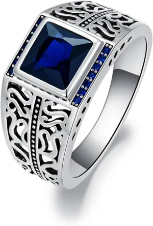 Blue Sapphire Ring for Men S925 Sterling Silver Cool Turkish Handmade Ring for Mens Luxury Jewelry Gift