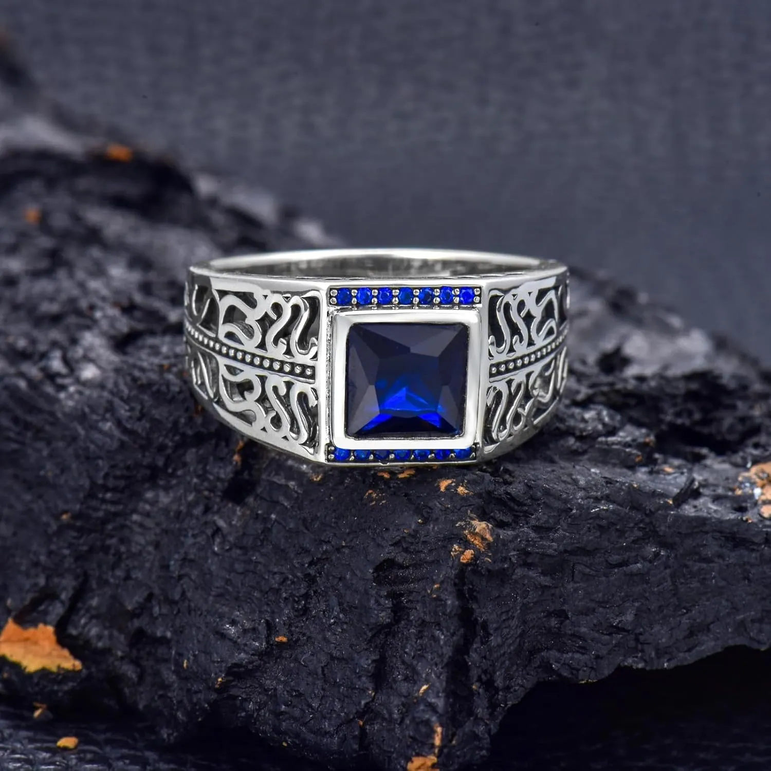 Blue Sapphire Ring for Men S925 Sterling Silver Cool Turkish Handmade Ring for Mens Luxury Jewelry Gift