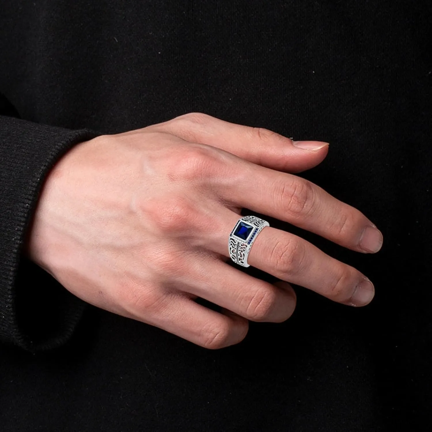 Blue Sapphire Ring for Men S925 Sterling Silver Cool Turkish Handmade Ring for Mens Luxury Jewelry Gift