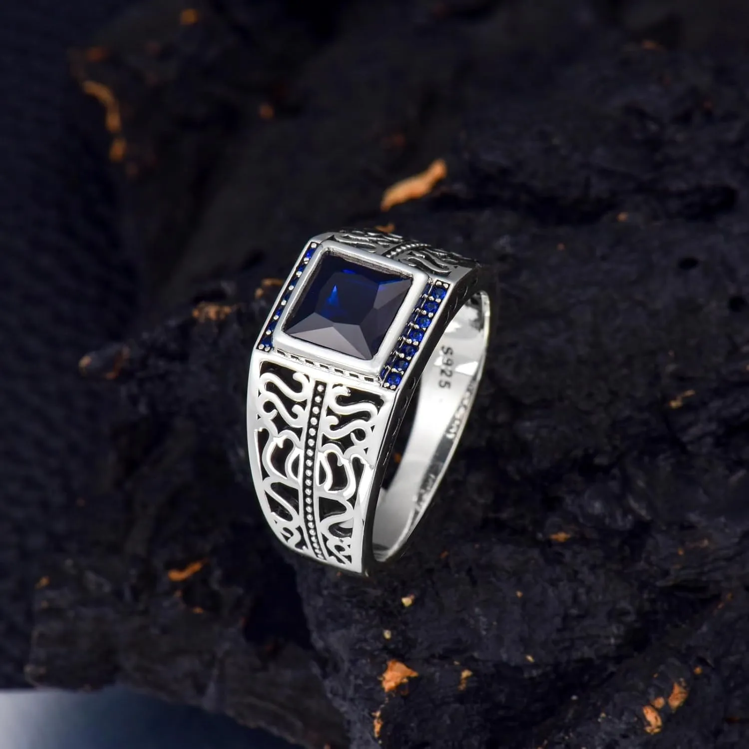 Blue Sapphire Ring for Men S925 Sterling Silver Cool Turkish Handmade Ring for Mens Luxury Jewelry Gift