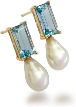 Blue Topaz and Baroque Pearl Drop Earrings, 925 Sterling Silver Posts, Gold Plated, Elegant Dangle Studs