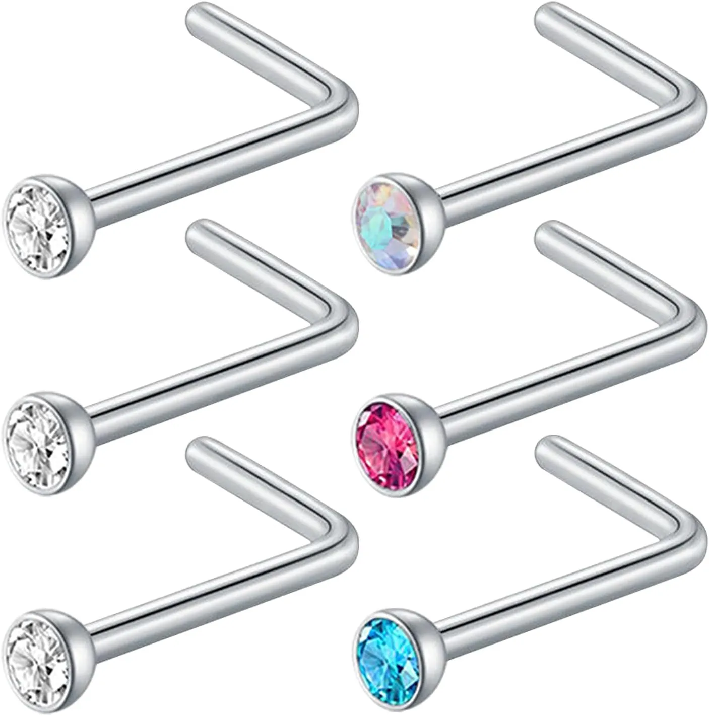 BLZ 20G 1.5mm Nose Studs for Women Men 6PCS L Shaped Nose Rings Studs Hypoallergenic Nose Piercings Jewelry
