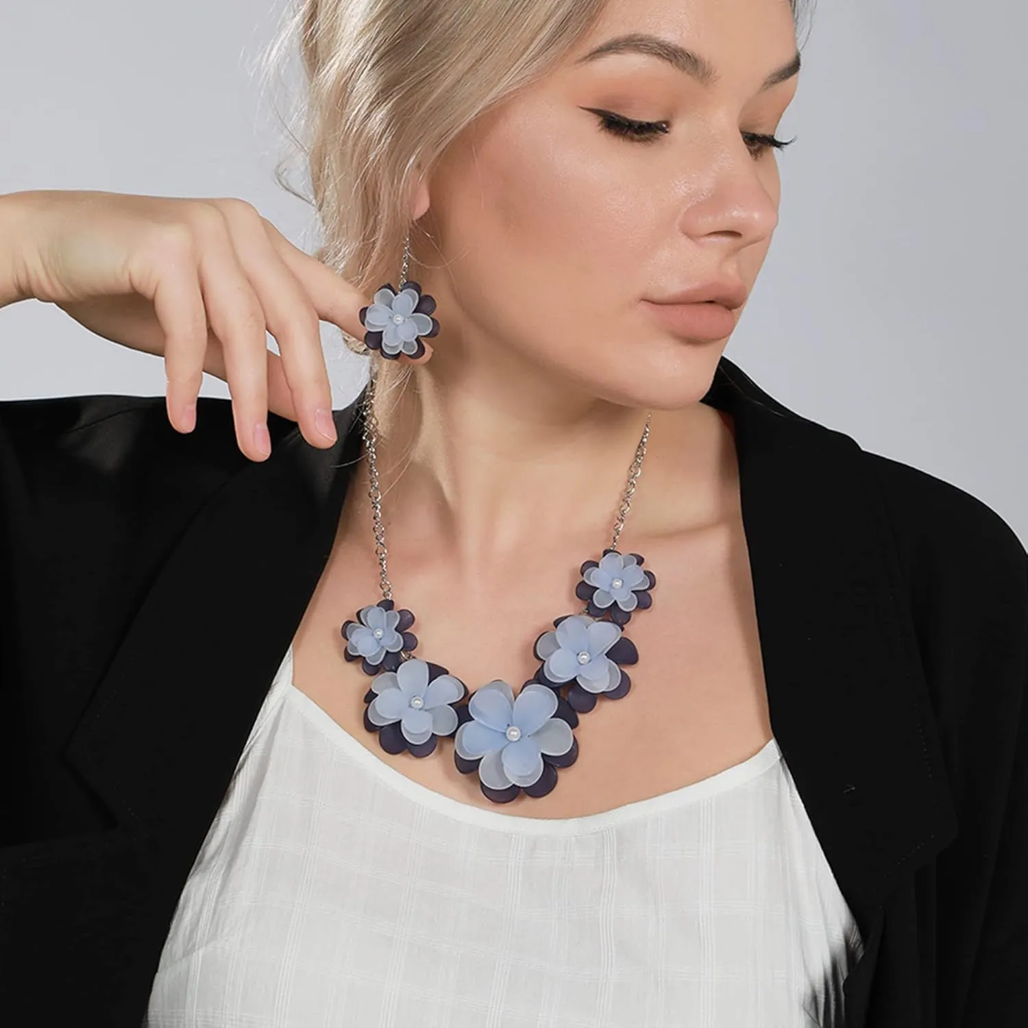Bocar Flower Collar Necklace, Floral Flower Summer Beach Statement Choker Necklace and Earrings Set for Women, Handmade Women Jewelry Gift