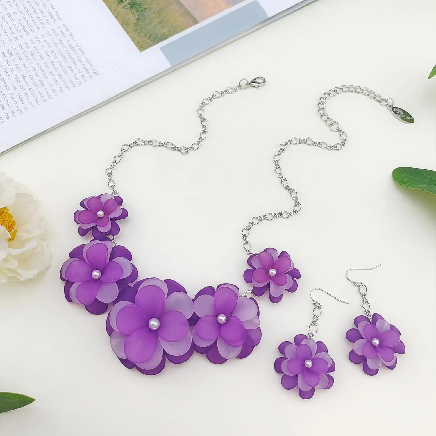 Bocar Flower Collar Necklace, Floral Flower Summer Beach Statement Choker Necklace and Earrings Set for Women, Handmade Women Jewelry Gift
