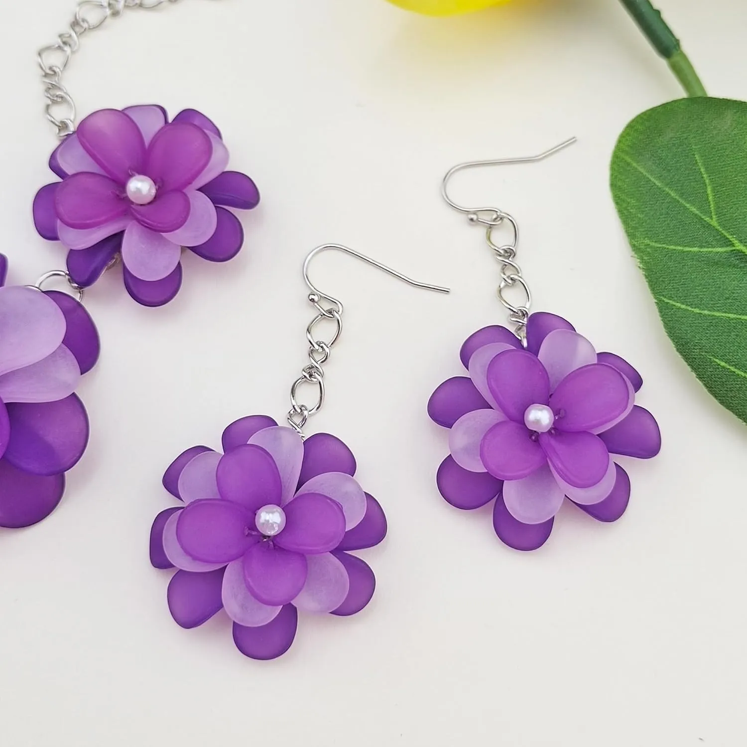 Bocar Flower Collar Necklace, Floral Flower Summer Beach Statement Choker Necklace and Earrings Set for Women, Handmade Women Jewelry Gift