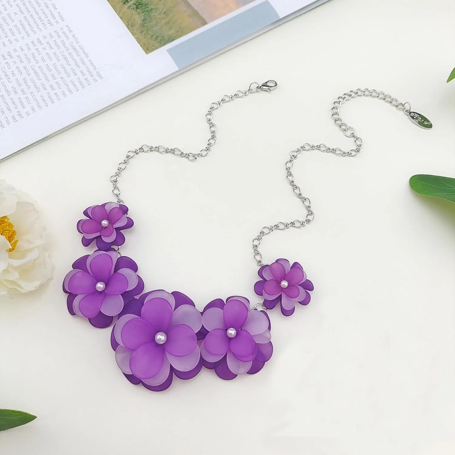 Bocar Flower Collar Necklace, Floral Flower Summer Beach Statement Choker Necklace and Earrings Set for Women, Handmade Women Jewelry Gift