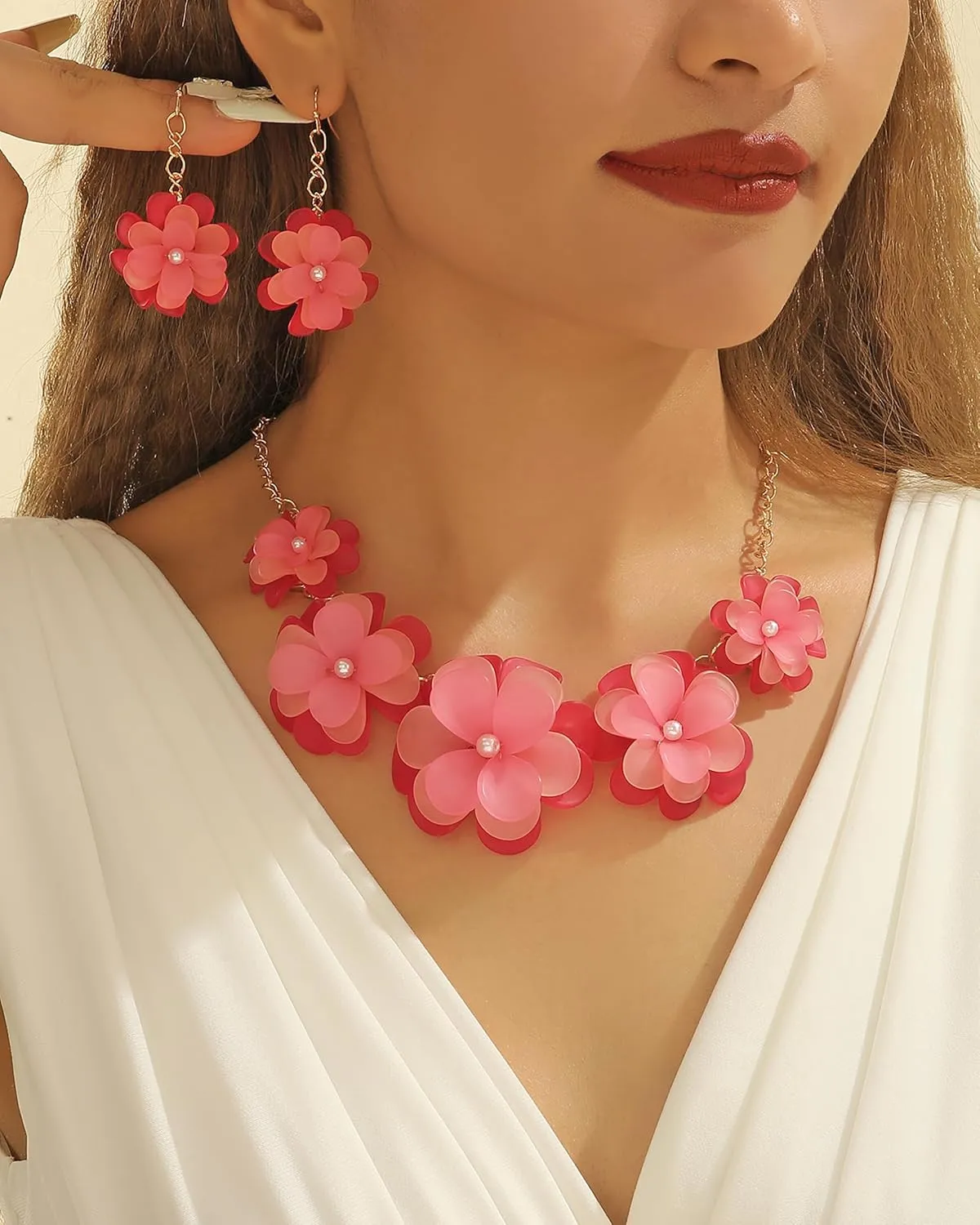 Bocar Flower Collar Necklace, Floral Flower Summer Beach Statement Choker Necklace and Earrings Set for Women, Handmade Women Jewelry Gift