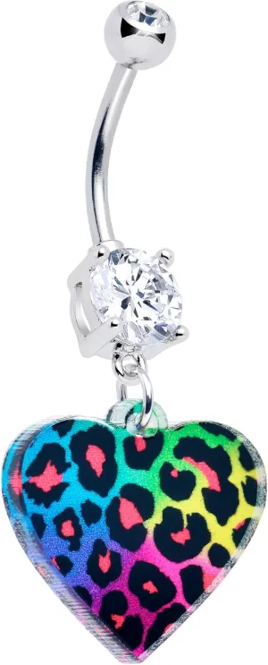 Body Candy Dangle Belly Ring - 316L Stainless Steel Navel Ring Piercing Acrylicious Rainbow Cheetah Print Heart Belly Button Ring for Women Men