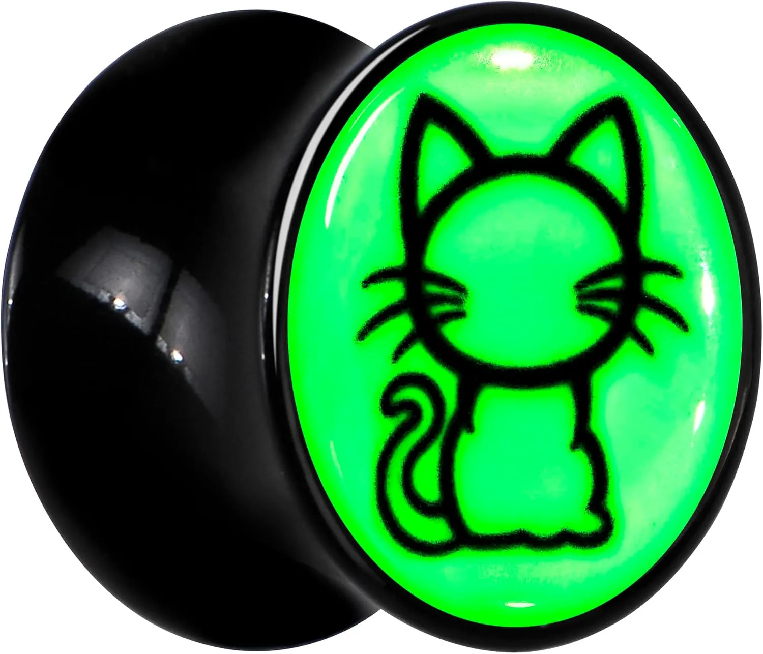 Body Candy Glow in the Dark Kitty Cat Black Acrylic Saddle Plug Set of 2pc