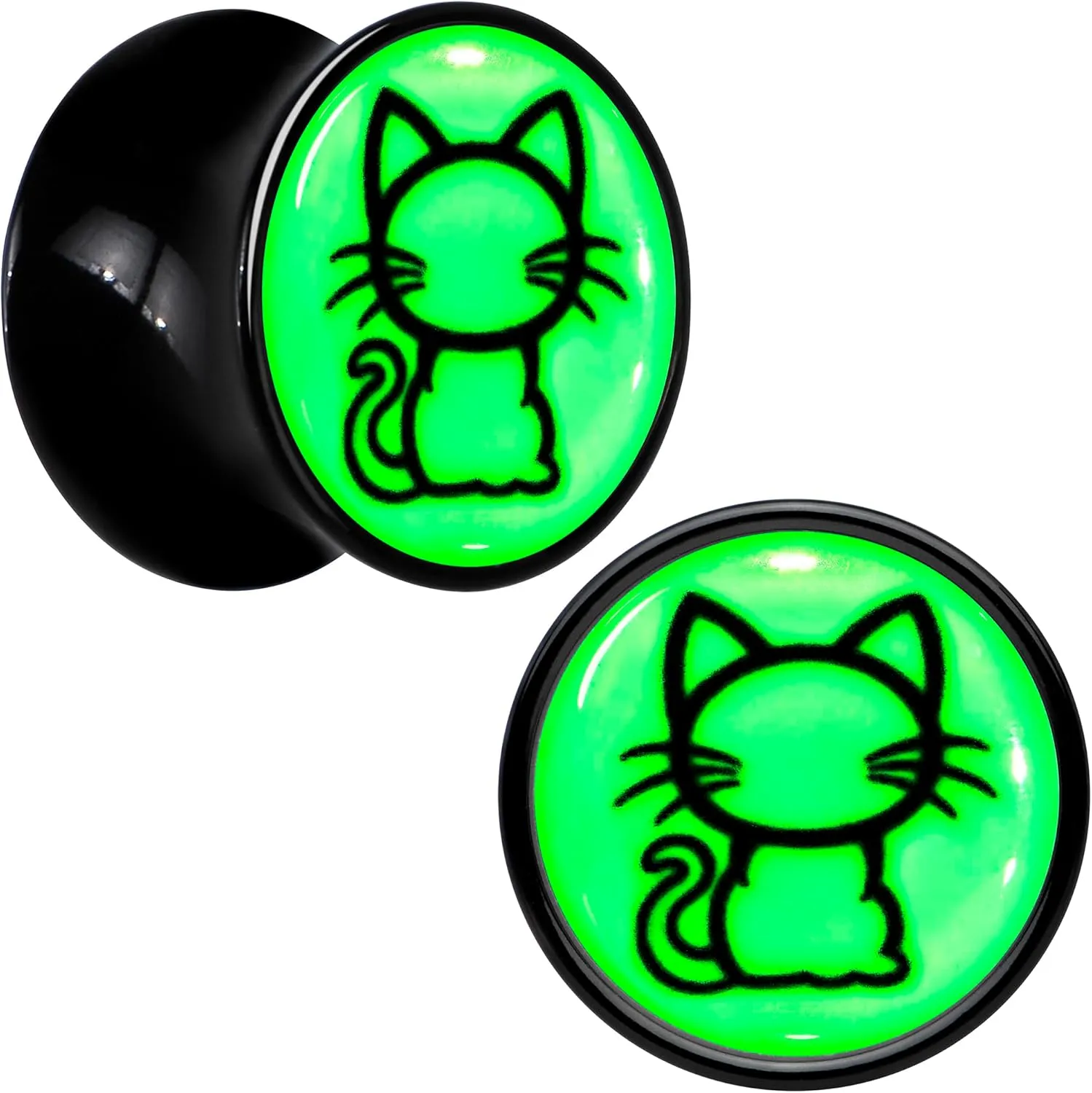 Body Candy Glow in the Dark Kitty Cat Black Acrylic Saddle Plug Set of 2pc