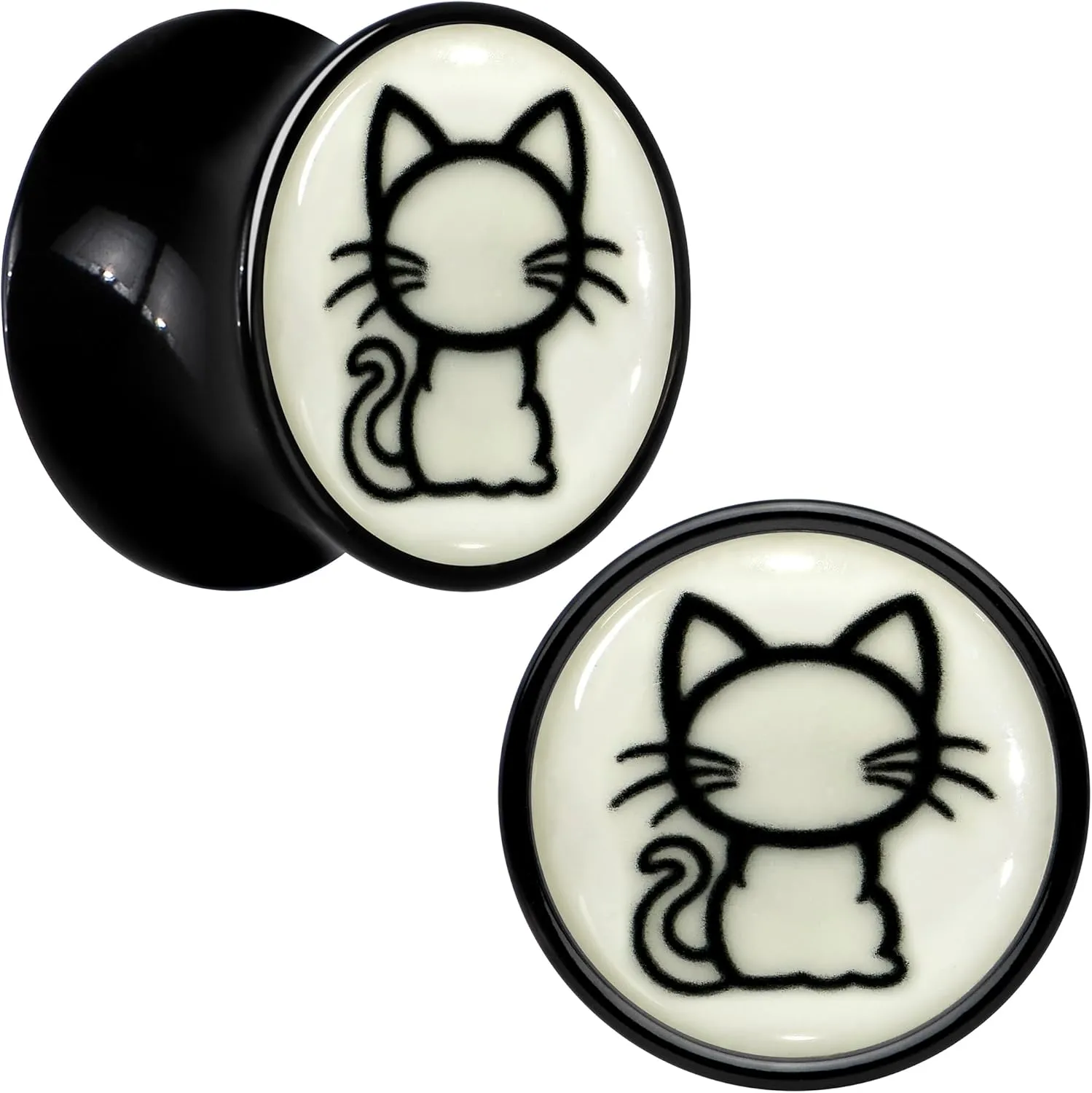 Body Candy Glow in the Dark Kitty Cat Black Acrylic Saddle Plug Set of 2pc