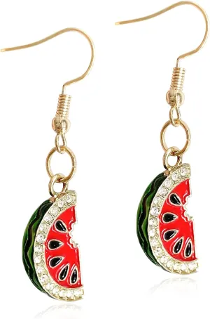 Bohemian Cute Funny Lifelike Sparkly Shine Crystal Watermelon Dangle Drop Earrings Hypoallergenic Fruit Hook Earrings for Women