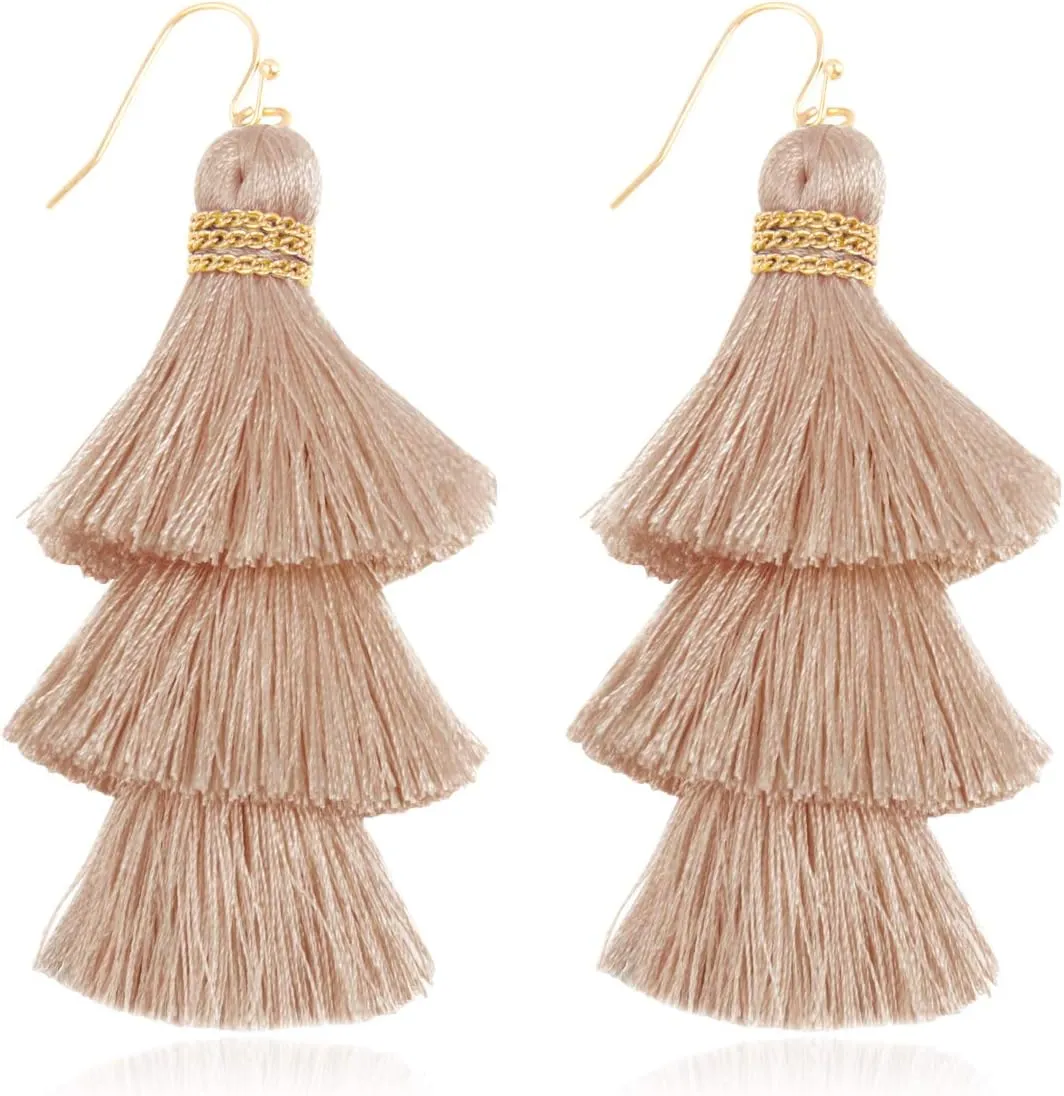 Bohemian Multi Tassel Statement Earrings - Lightweight Silky Tiered Layer Thread Fringe, Chandelier Duster Dangles Plaid, Snake Print Leather