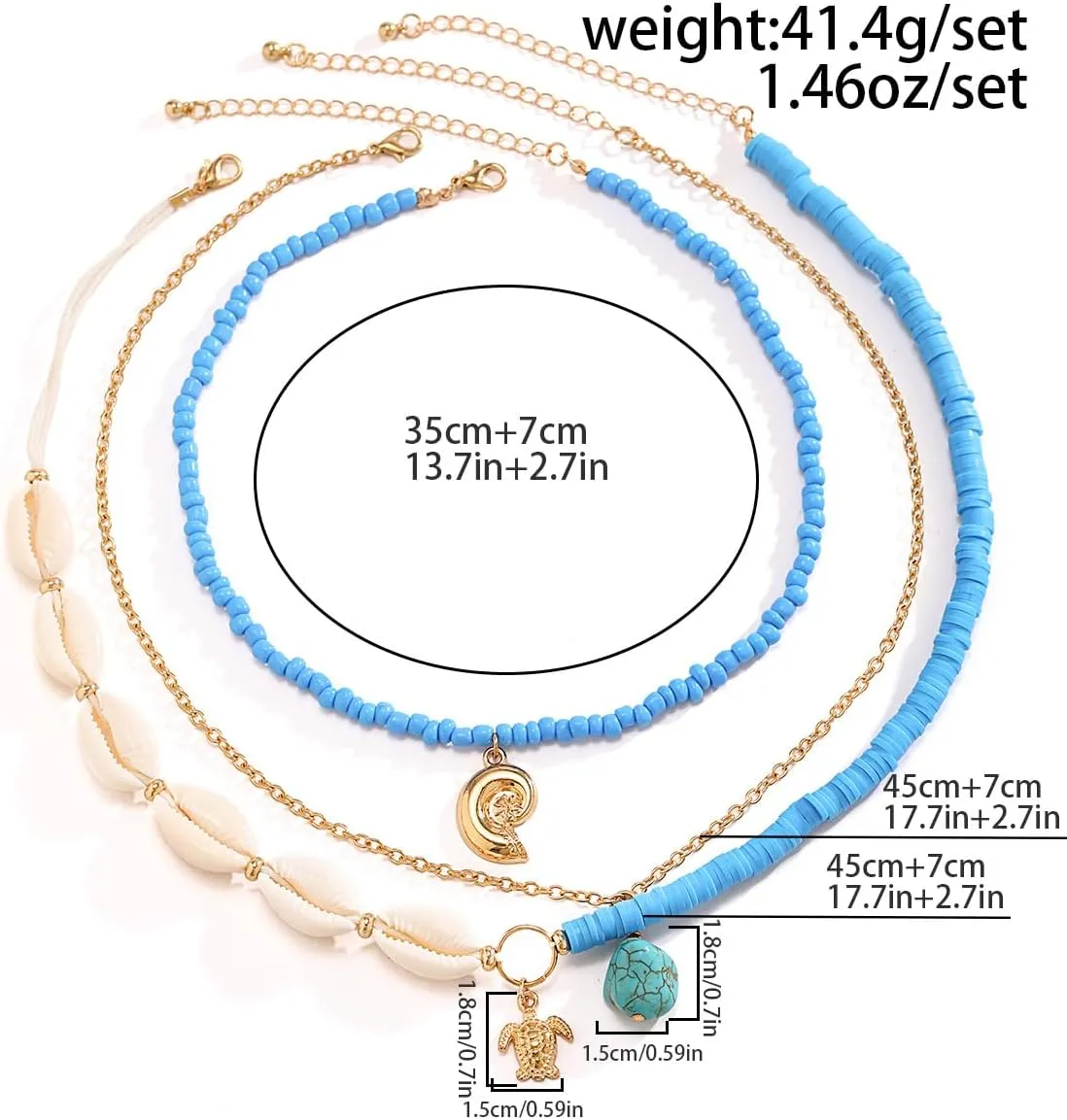 Bohemian Surfer Heishi Bead Layered Choker Necklace with Shell Conch Sea Turtle Charm Pendant Hawaii Holiday Beach Wedding Starfish Long Necklaces Set for Women and Girls