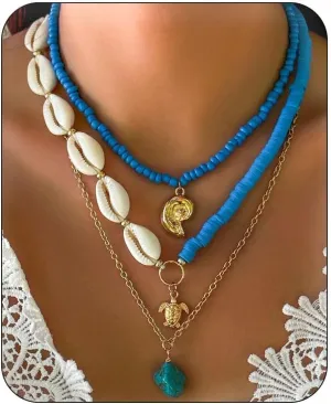 Bohemian Surfer Heishi Bead Layered Choker Necklace with Shell Conch Sea Turtle Charm Pendant Hawaii Holiday Beach Wedding Starfish Long Necklaces Set for Women and Girls