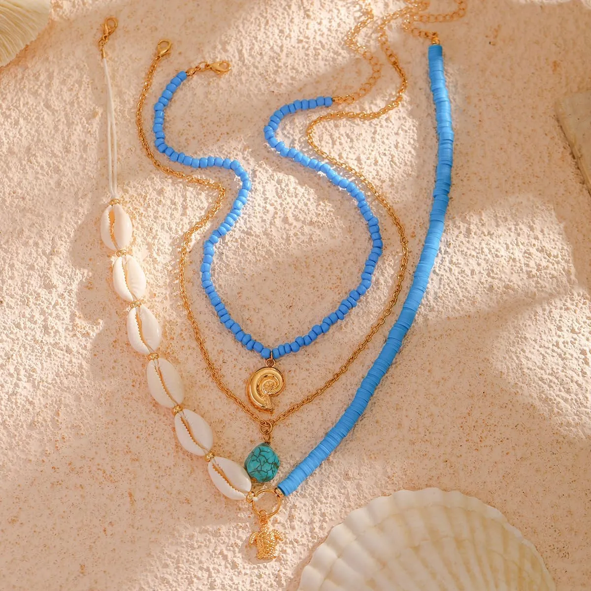 Bohemian Surfer Heishi Bead Layered Choker Necklace with Shell Conch Sea Turtle Charm Pendant Hawaii Holiday Beach Wedding Starfish Long Necklaces Set for Women and Girls