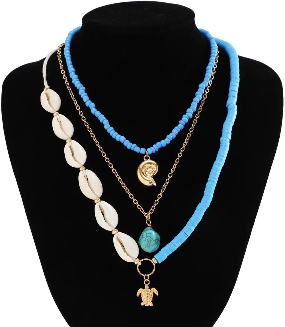 Bohemian Surfer Heishi Bead Layered Choker Necklace with Shell Conch Sea Turtle Charm Pendant Hawaii Holiday Beach Wedding Starfish Long Necklaces Set for Women and Girls