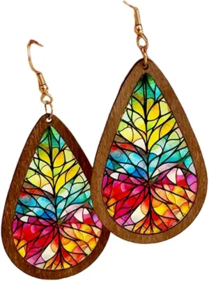 Bohemian Wood Water-Drop Earrings for Women Lightweight Colorful Acrylic Dangle Earrings Handmade Statement Vintage Jewelry