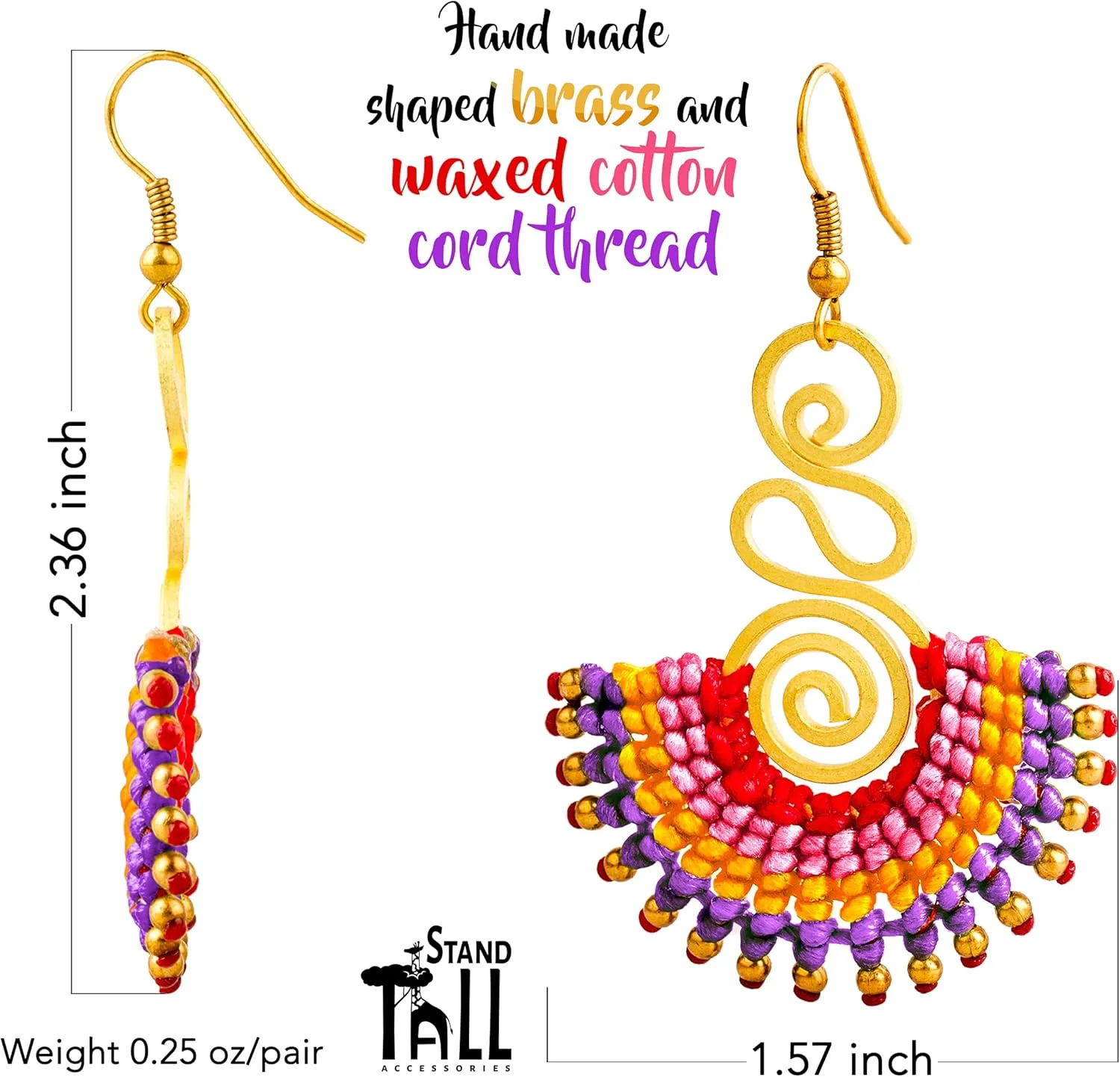 Boho Dangling Earrings for Women and Teen Girls - Handmade Cute Jewelry for a Trendy or Hippie Look, Mexican Fun Earrings for Green, Blue, Black or Red Outfits, Gold Earrings, Gift