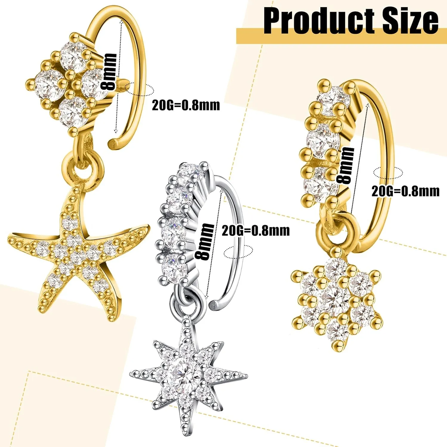 Bonuci 15 Pcs Dangle Nose Rings Hoops Heart Dangle Nose Rings Cartilage Earring Dangling Piercing Jewelry for Women(10 Gold, 5 Silver)