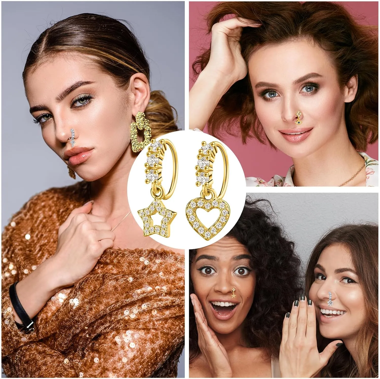 Bonuci 15 Pcs Dangle Nose Rings Hoops Heart Dangle Nose Rings Cartilage Earring Dangling Piercing Jewelry for Women(10 Gold, 5 Silver)
