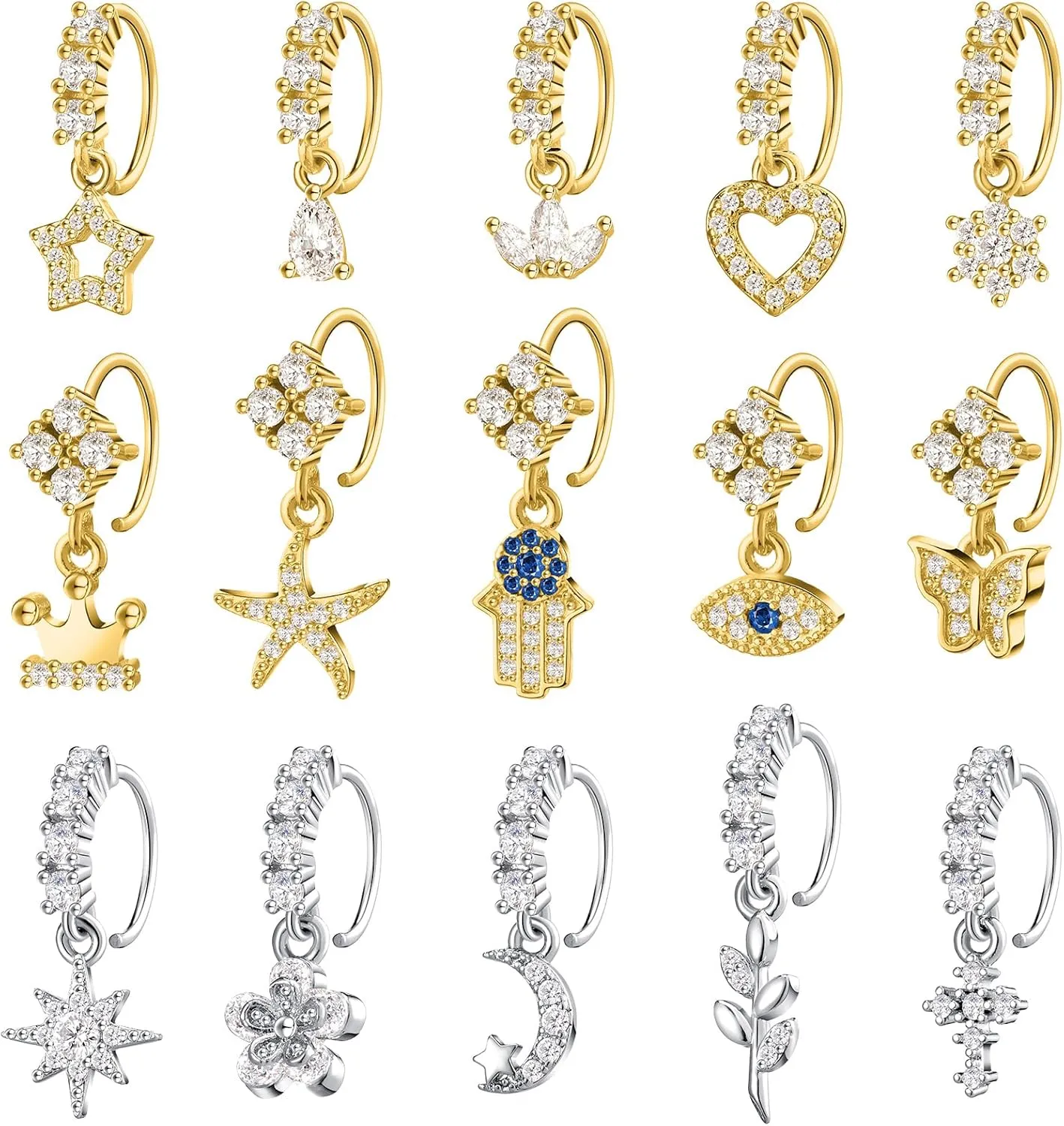 Bonuci 15 Pcs Dangle Nose Rings Hoops Heart Dangle Nose Rings Cartilage Earring Dangling Piercing Jewelry for Women(10 Gold, 5 Silver)