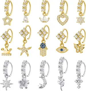 Bonuci 15 Pcs Dangle Nose Rings Hoops Heart Dangle Nose Rings Cartilage Earring Dangling Piercing Jewelry for Women(10 Gold, 5 Silver)