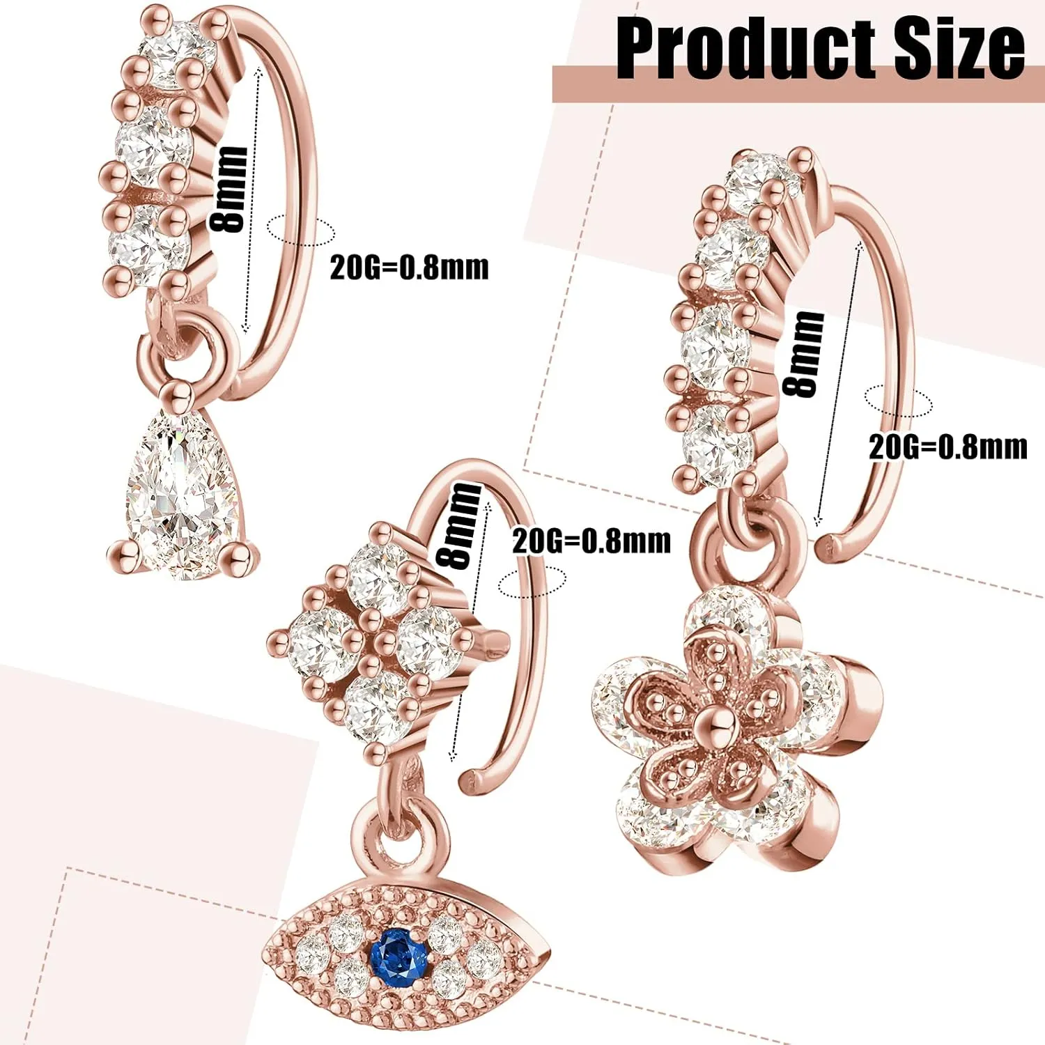 Bonuci 15 Pcs Dangle Nose Rings Hoops Heart Dangle Nose Rings Cartilage Earring Dangling Piercing Jewelry for Women(Rose Gold)