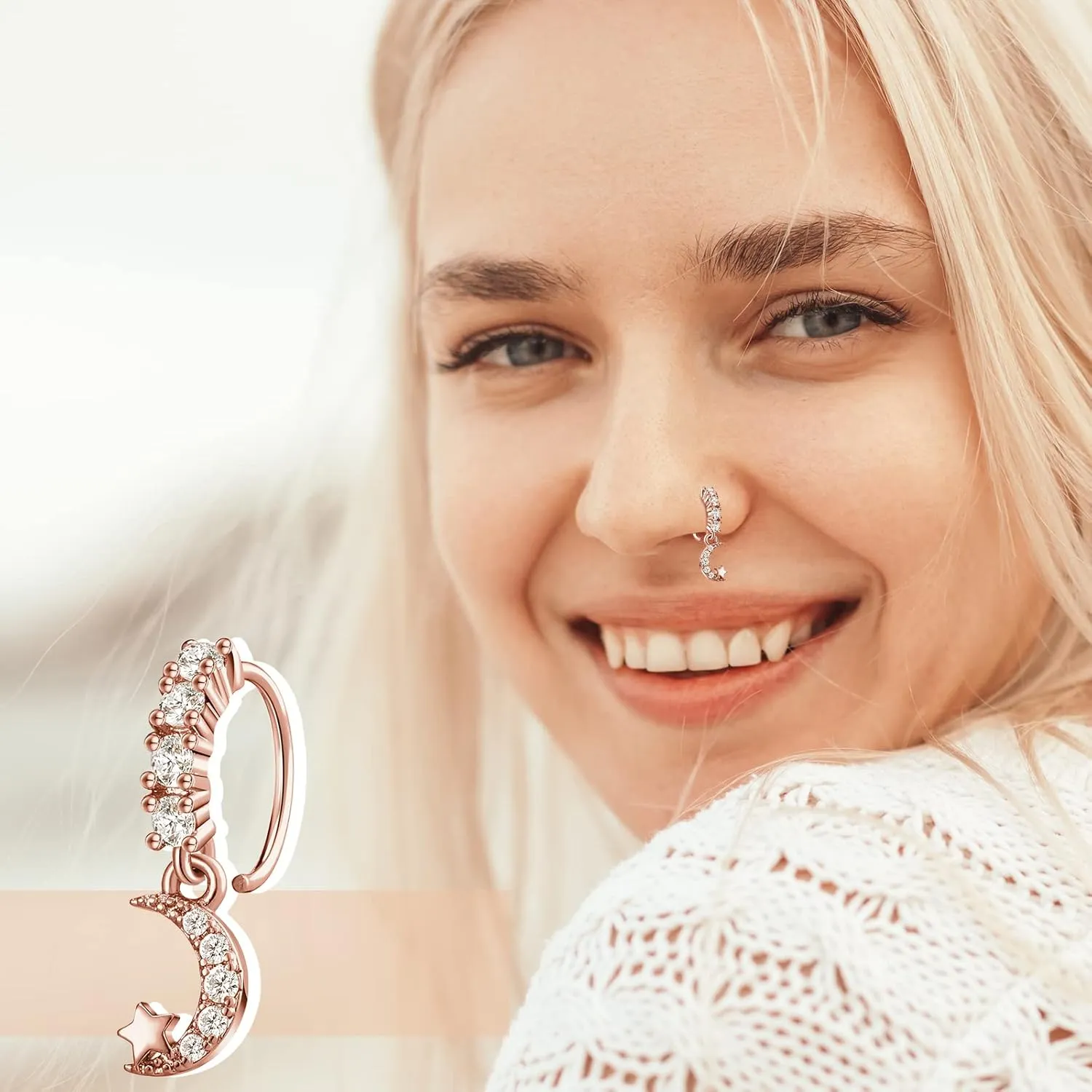 Bonuci 15 Pcs Dangle Nose Rings Hoops Heart Dangle Nose Rings Cartilage Earring Dangling Piercing Jewelry for Women(Rose Gold)