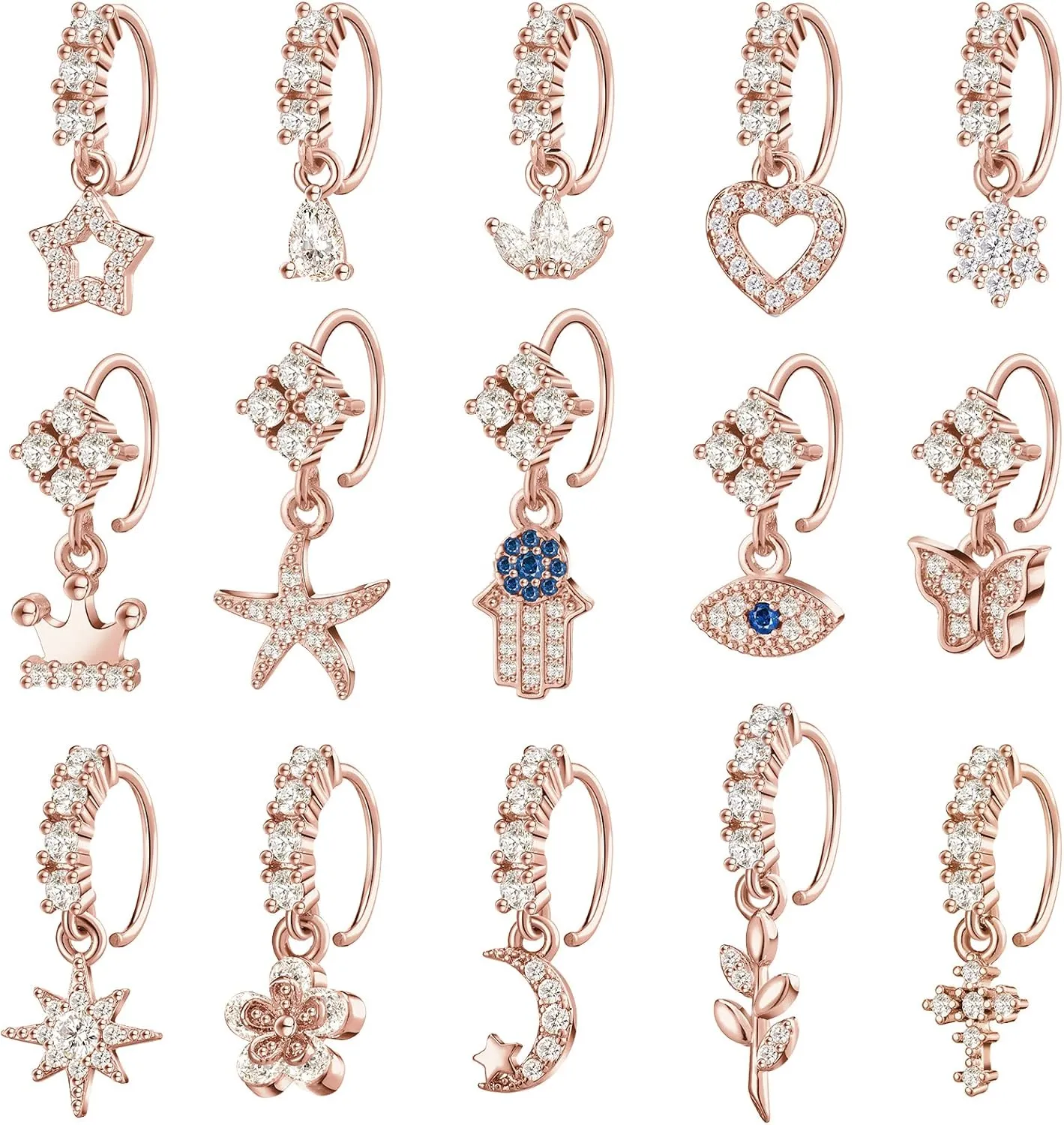 Bonuci 15 Pcs Dangle Nose Rings Hoops Heart Dangle Nose Rings Cartilage Earring Dangling Piercing Jewelry for Women(Rose Gold)